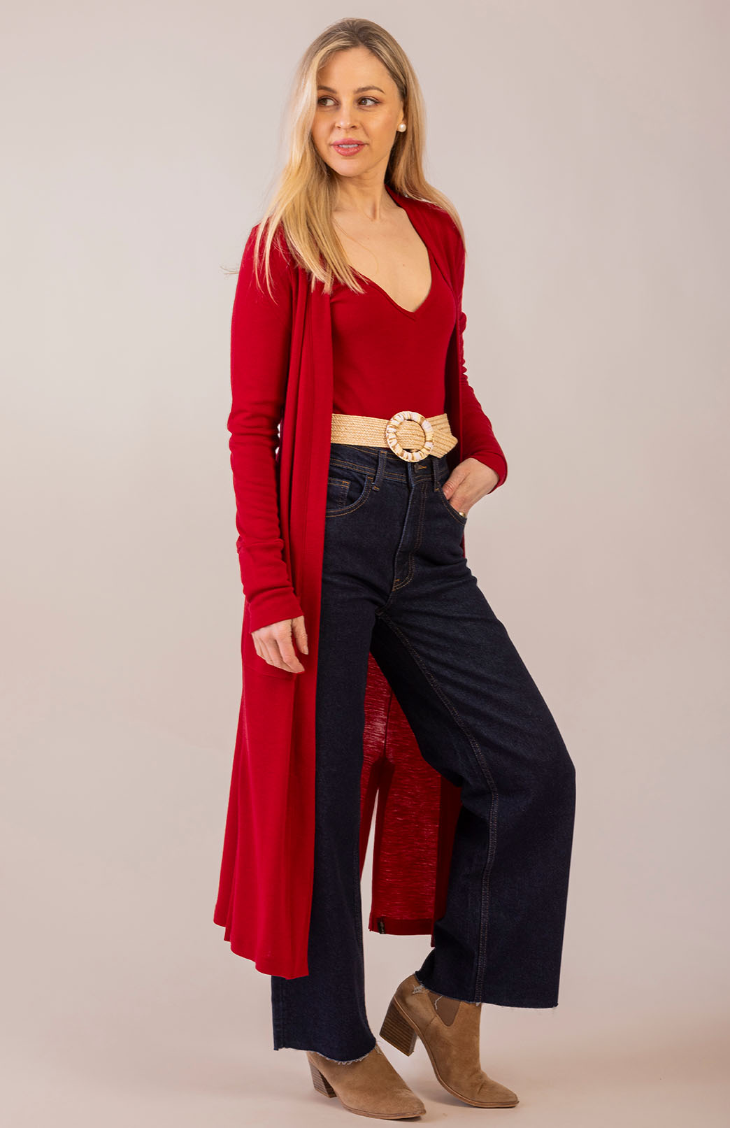 Chilli Red Women's Slimline Long Cardigan with side pockets