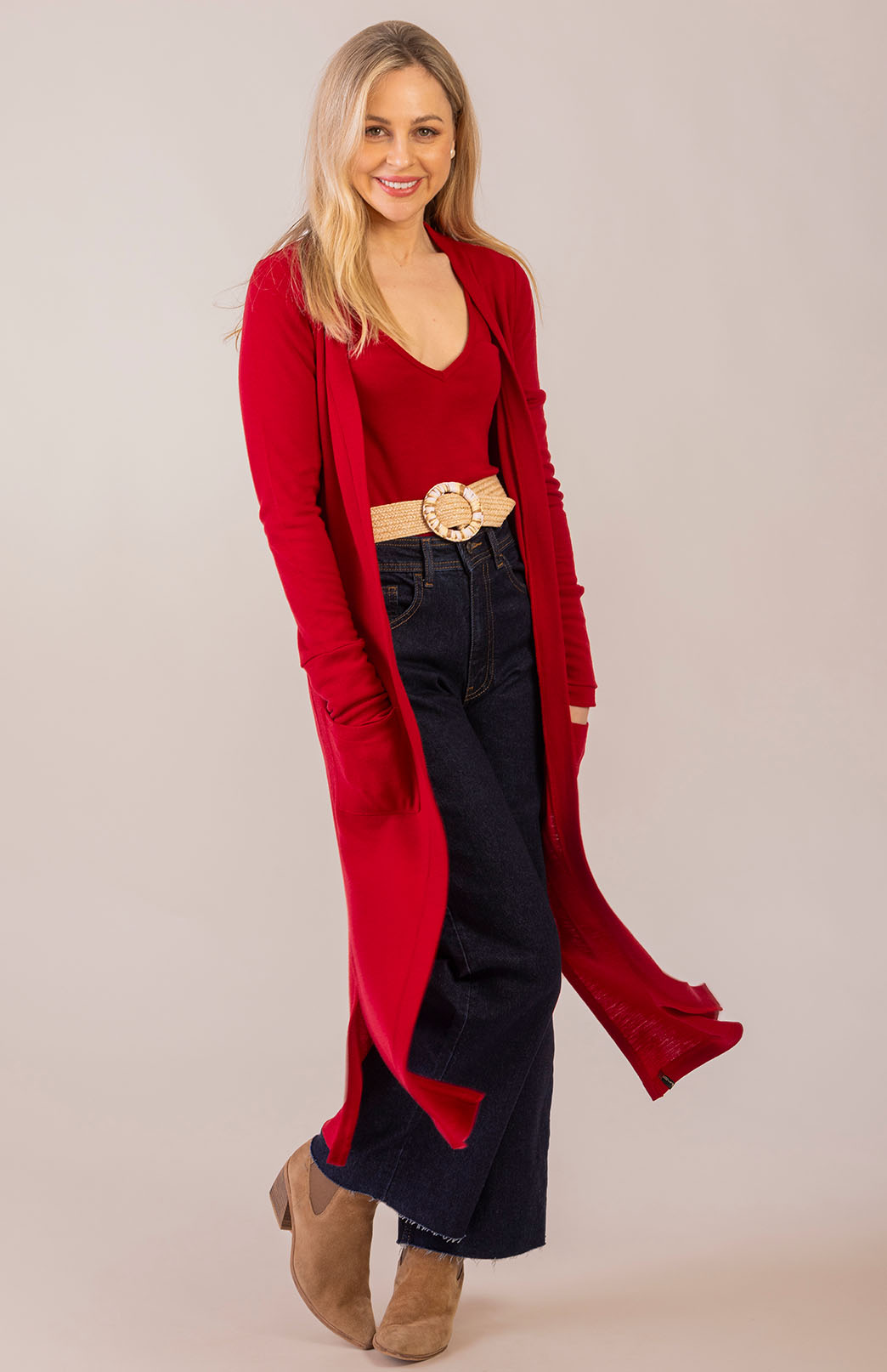 Chilli Red Women's Slimline Long Cardigan with side pockets