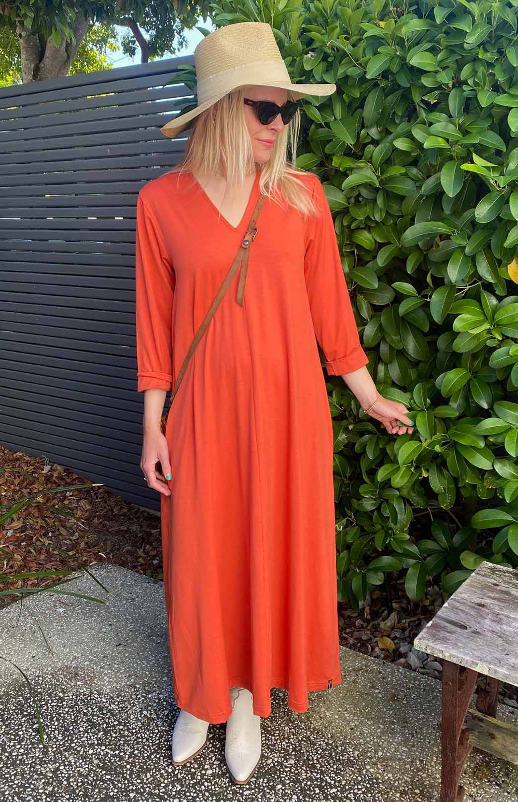 Burnt Orange Women's Merino Wool V-Neck Floaty Dress 