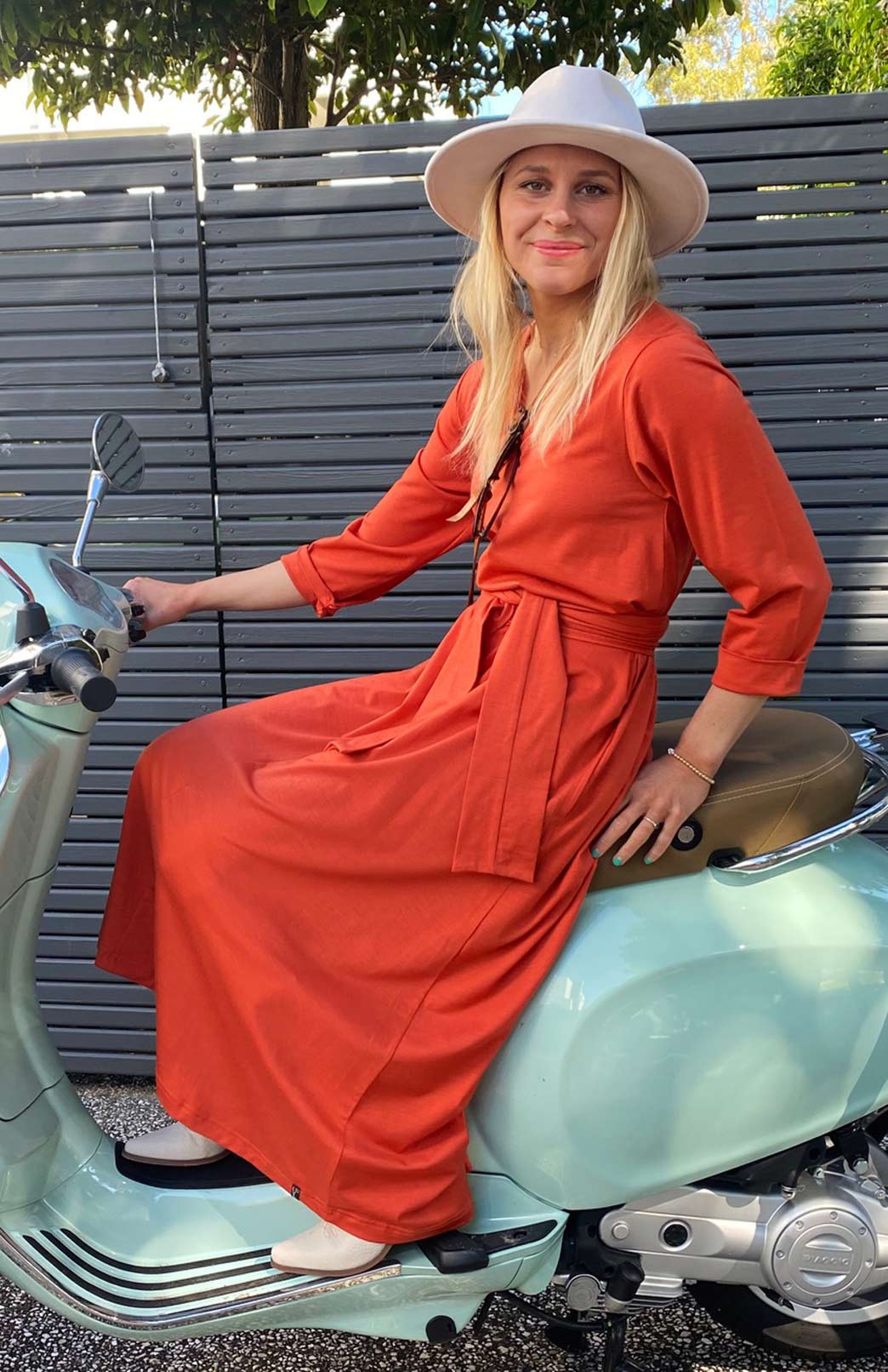 Burnt Orange Women's Merino Wool V-Neck Floaty Dress 