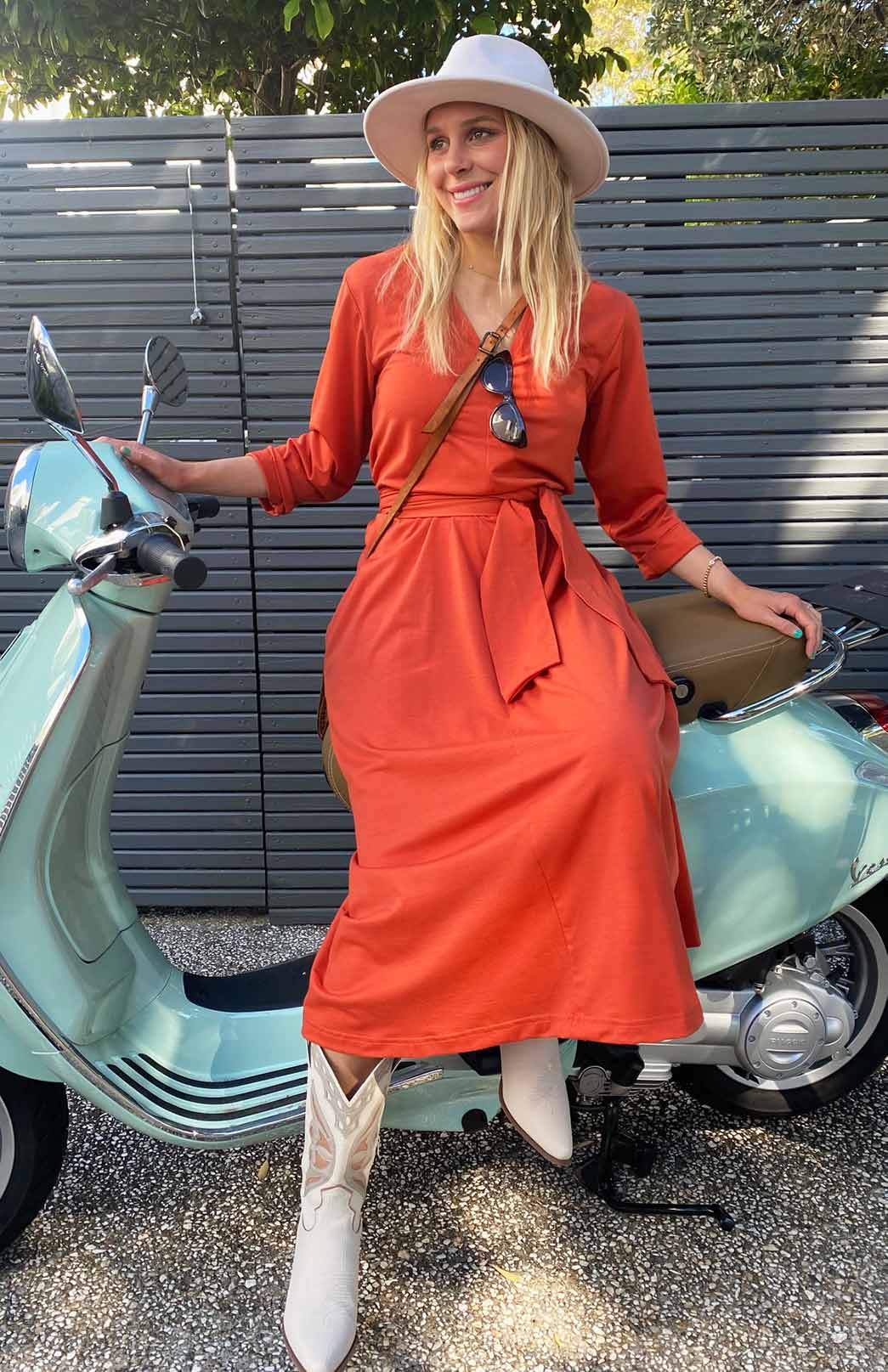 Burnt Orange Women's Merino Wool V-Neck Floaty Dress 