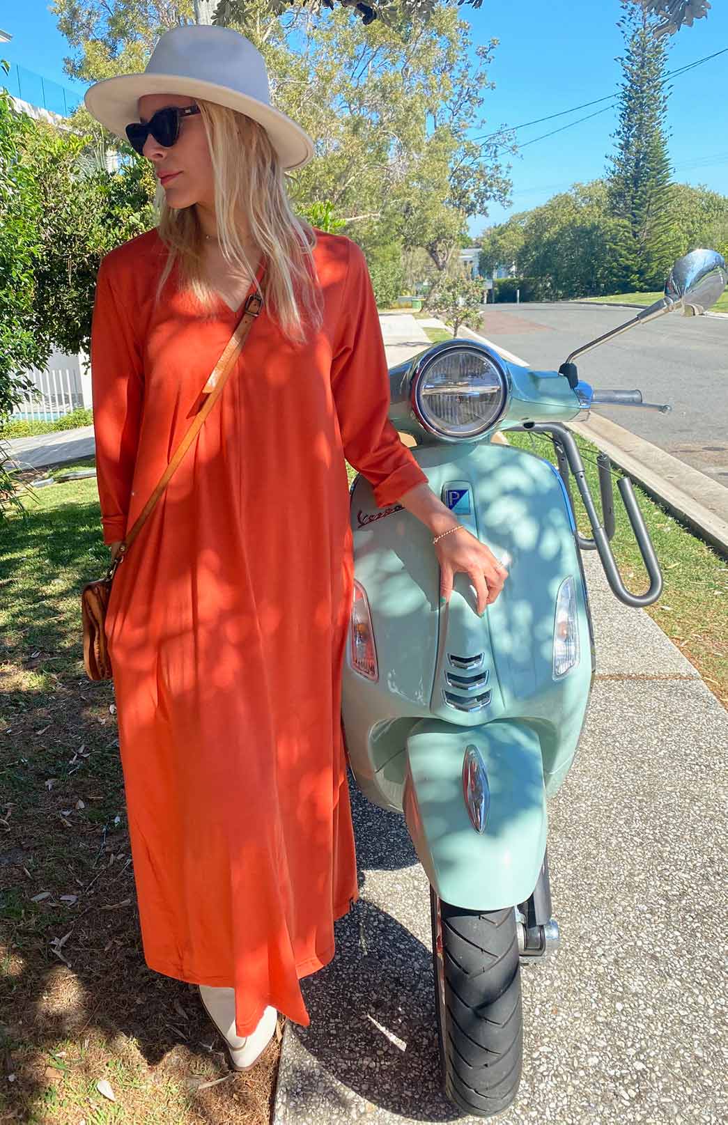 Burnt Orange Women's Merino Wool V-Neck Floaty Dress 