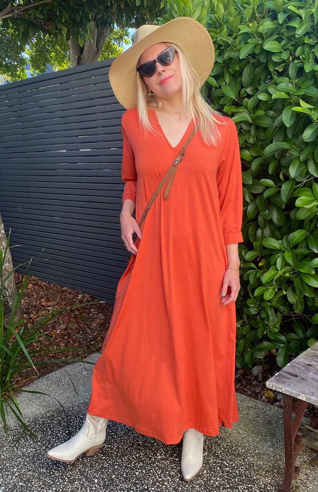 Burnt Orange Women's Merino Wool V-Neck Floaty Dress 