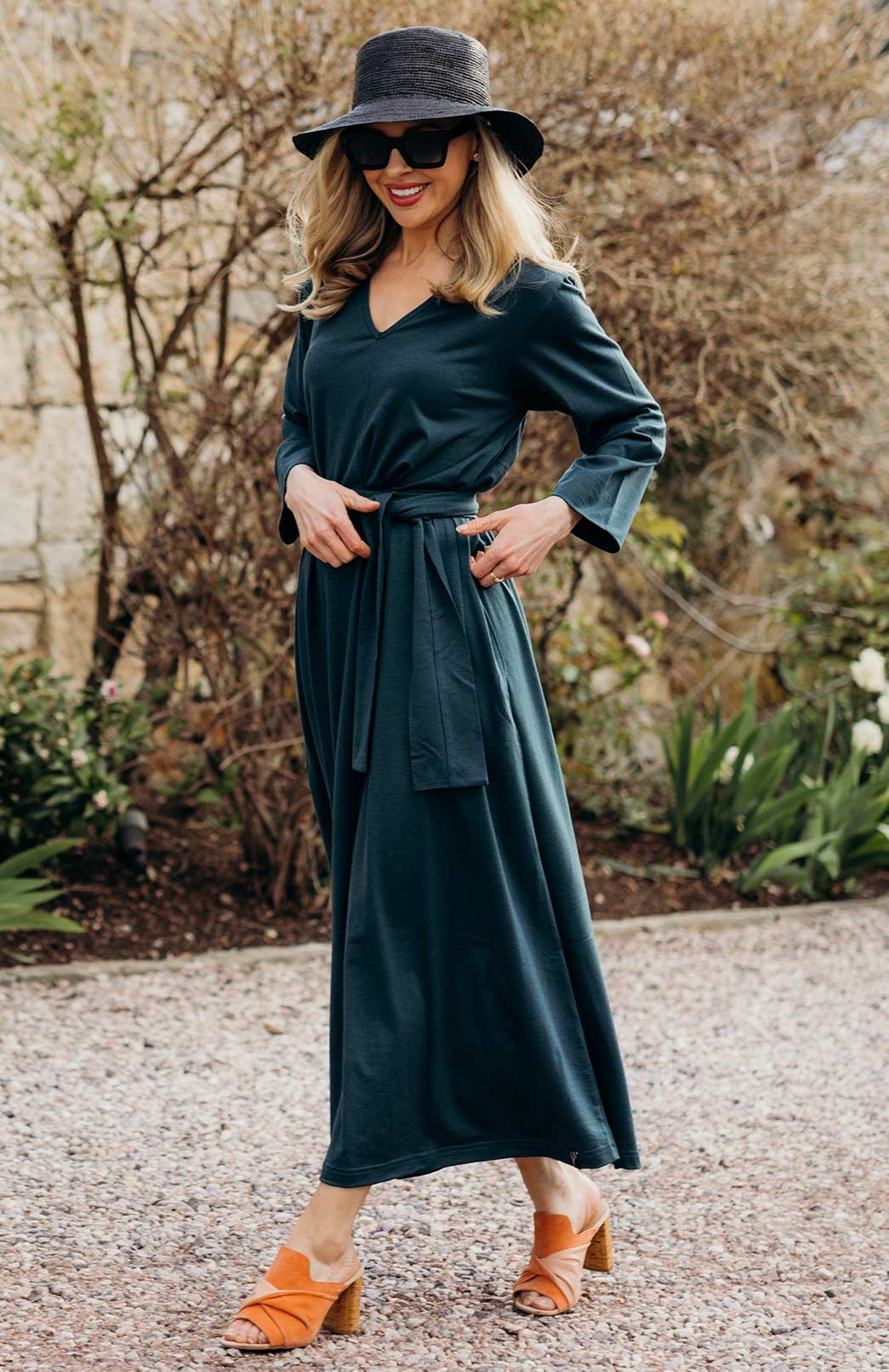 Deep Sea Green Women's Merino Wool V-Neck Floaty Dress 