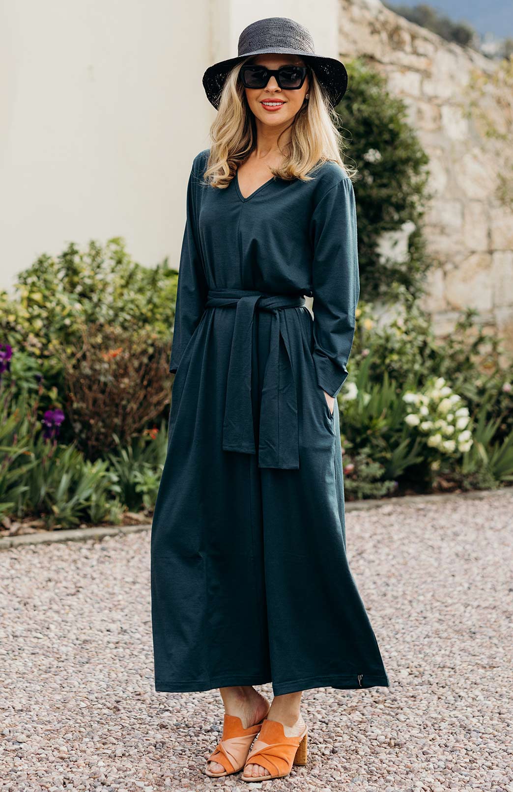 Deep Sea Green Women&#39;s Merino Wool V-Neck Floaty Dress 
