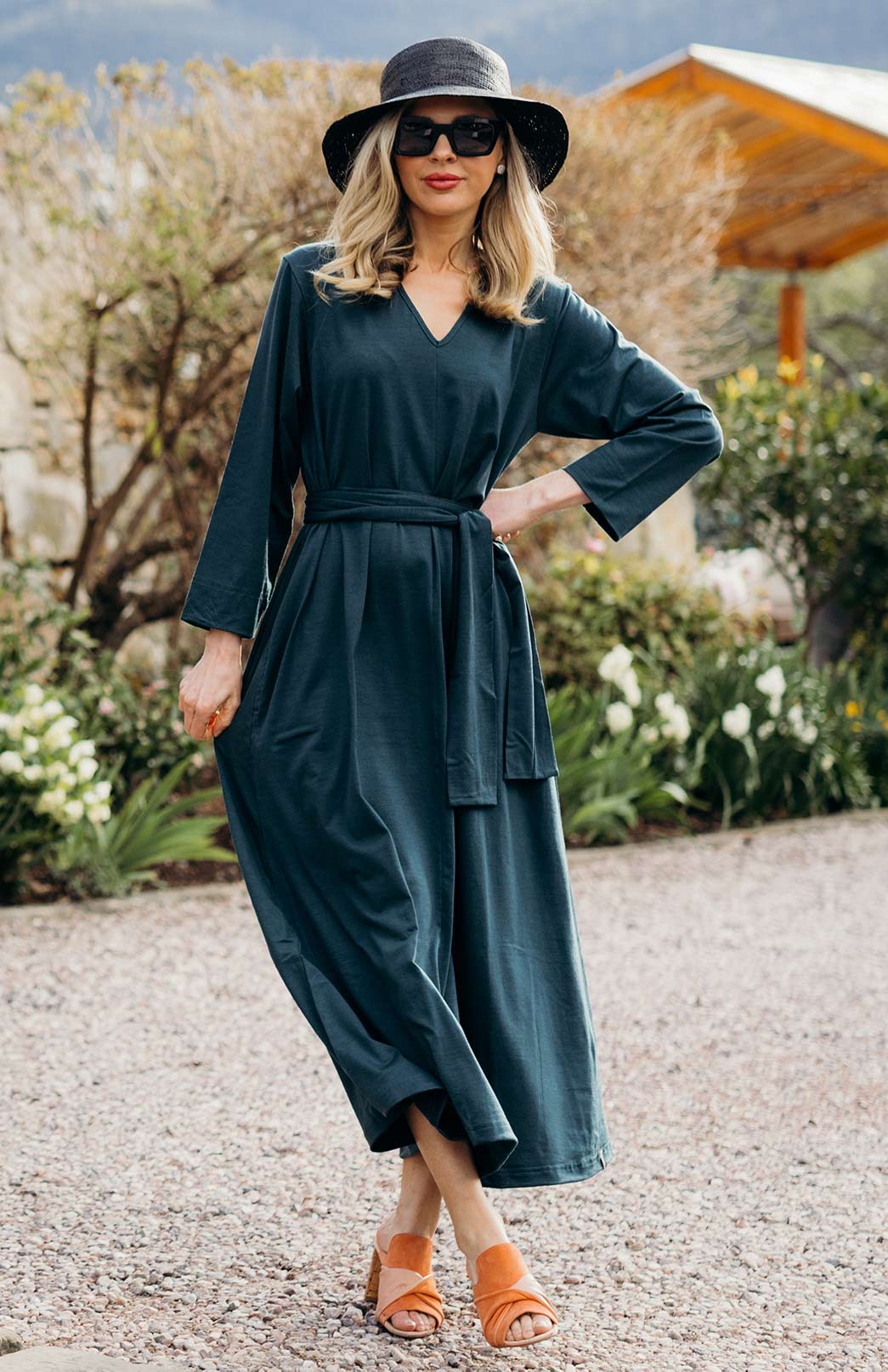 Deep Sea Green Women's Merino Wool V-Neck Floaty Dress 