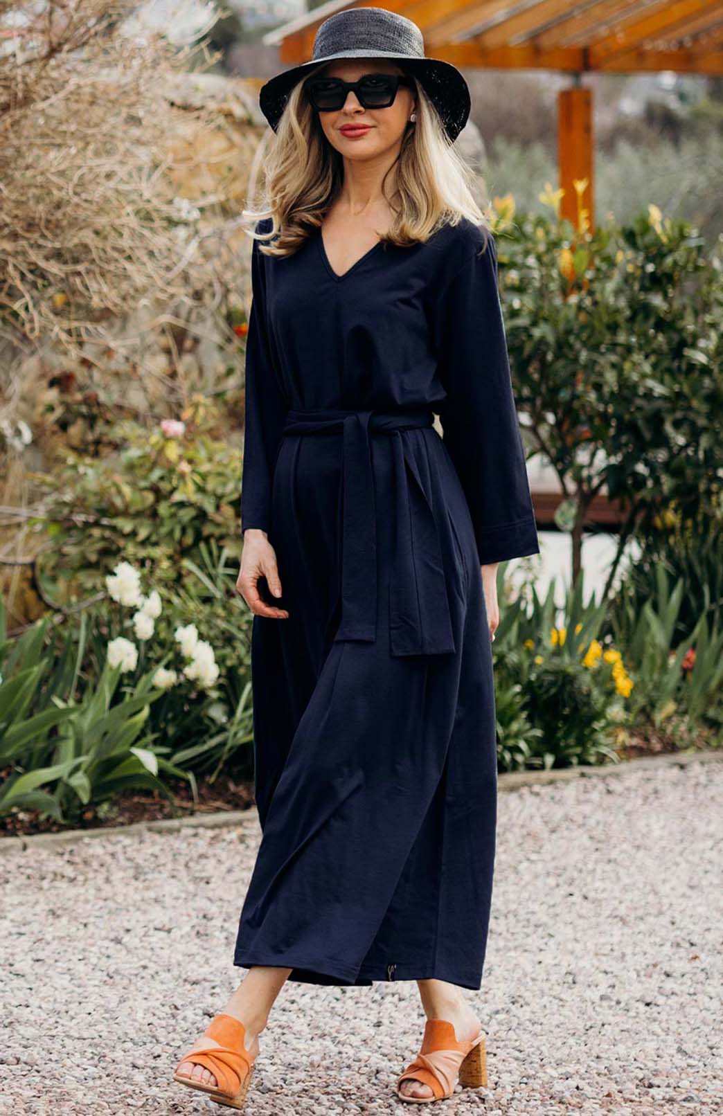 French Navy Blue Women's Merino Wool V-Neck Floaty Dress 