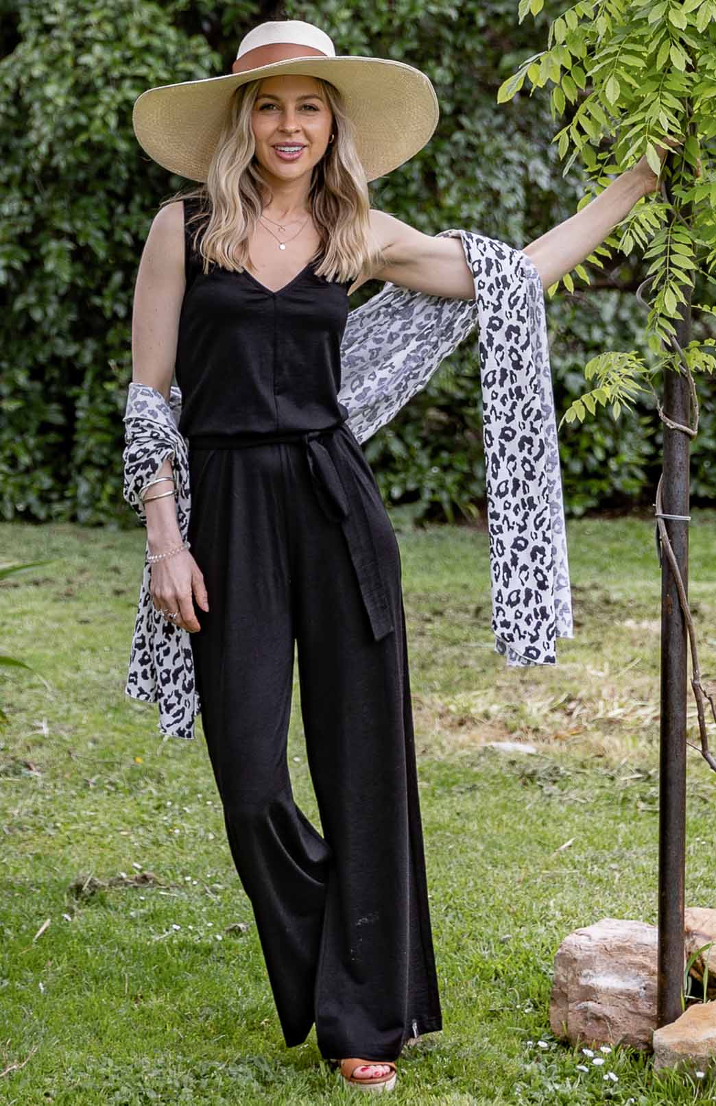 Black jumpsuit with scarf discount