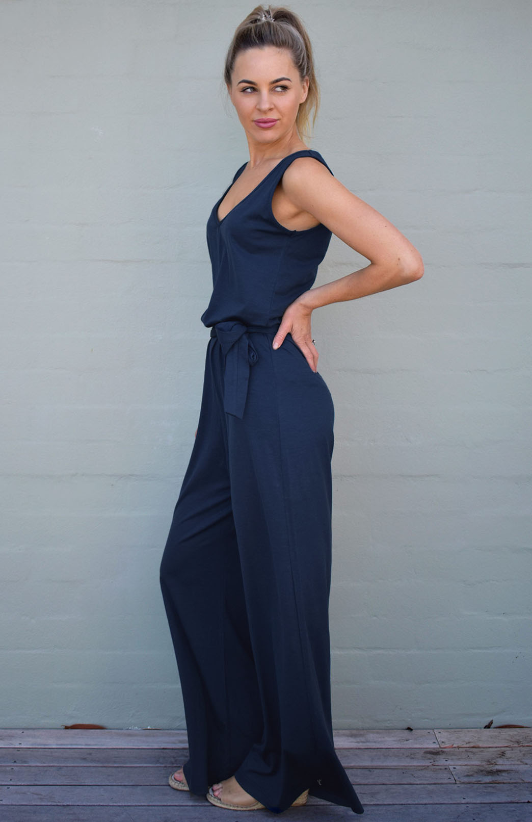 French Navy Blue Women's Merino Wool Sleeveless Jumpsuit