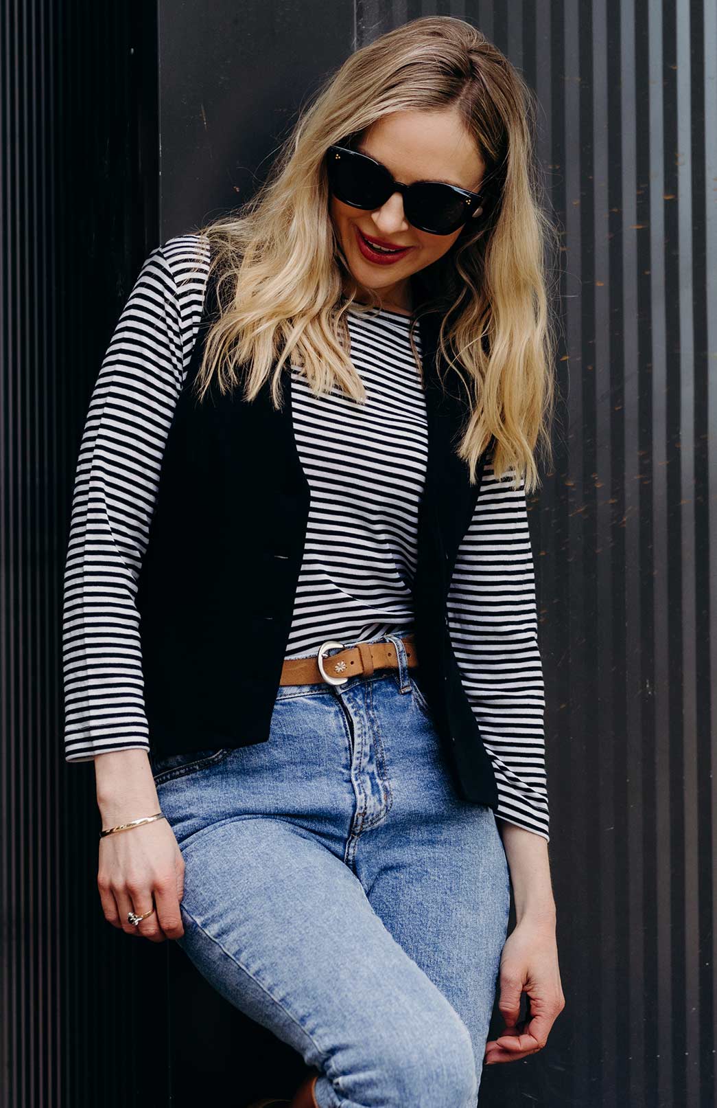 Black and White Stripe Women's Merino Wool Slit Neck Top with 7/8 Sleeves
