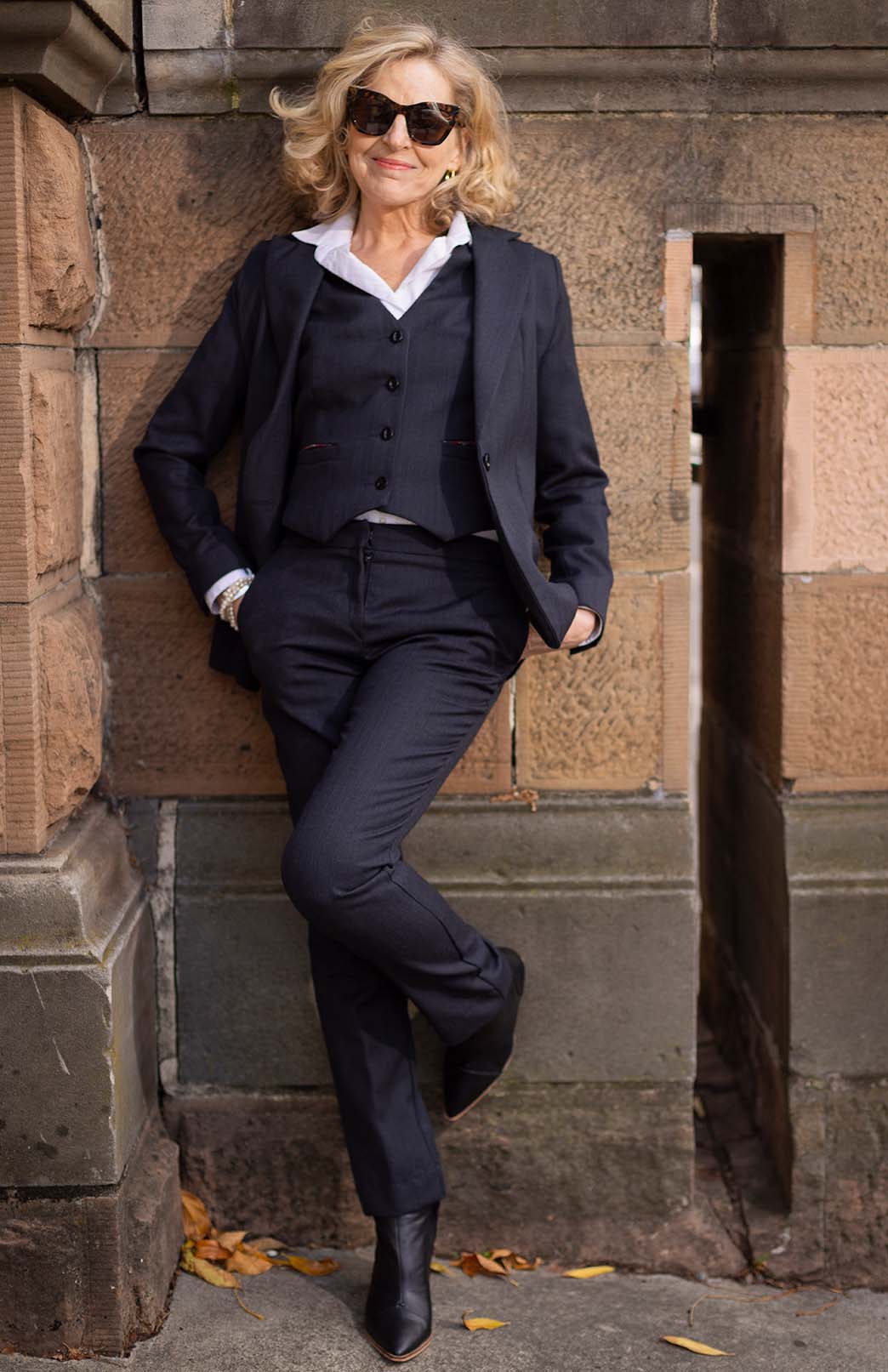 Obsidian Grey Herringbone Women's Superfine Merino Wool Herringbone Straight Leg Pants 