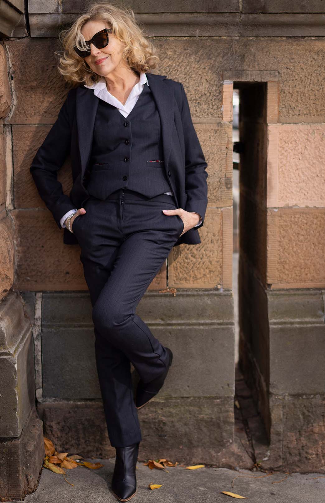 Obsidian Grey Herringbone Women&#39;s Superfine Merino Wool Herringbone Straight Leg Pants 
