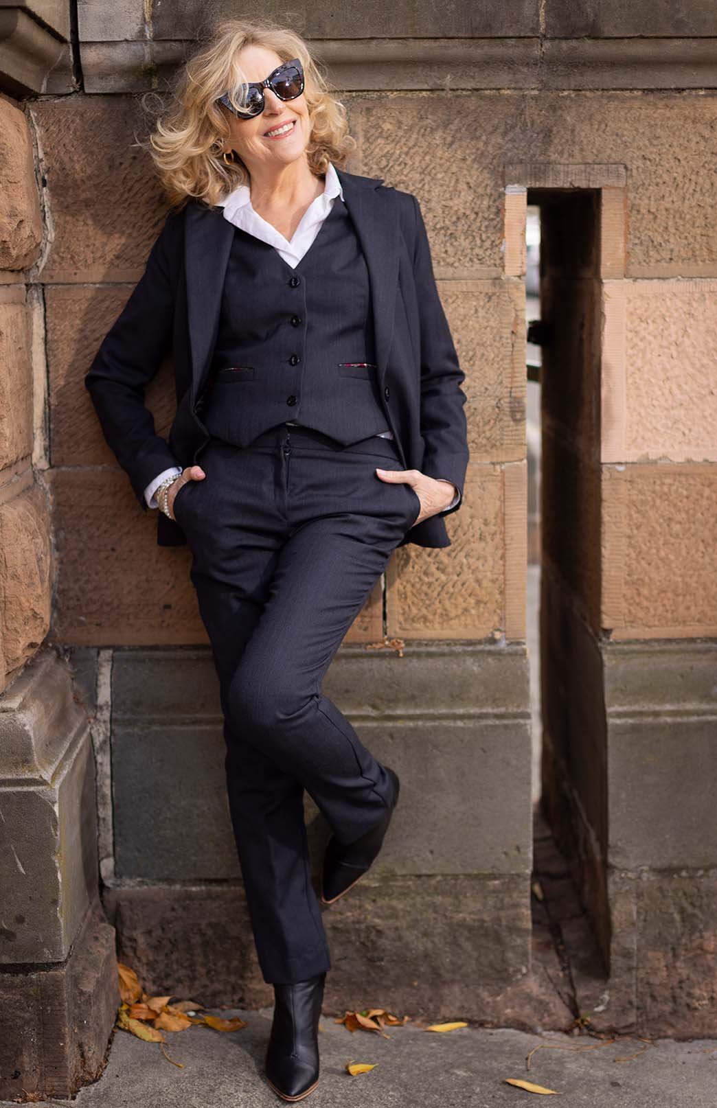 Obsidian Grey Herringbone Women&#39;s Superfine Merino Wool Herringbone Waistcoat with Silk Lining
