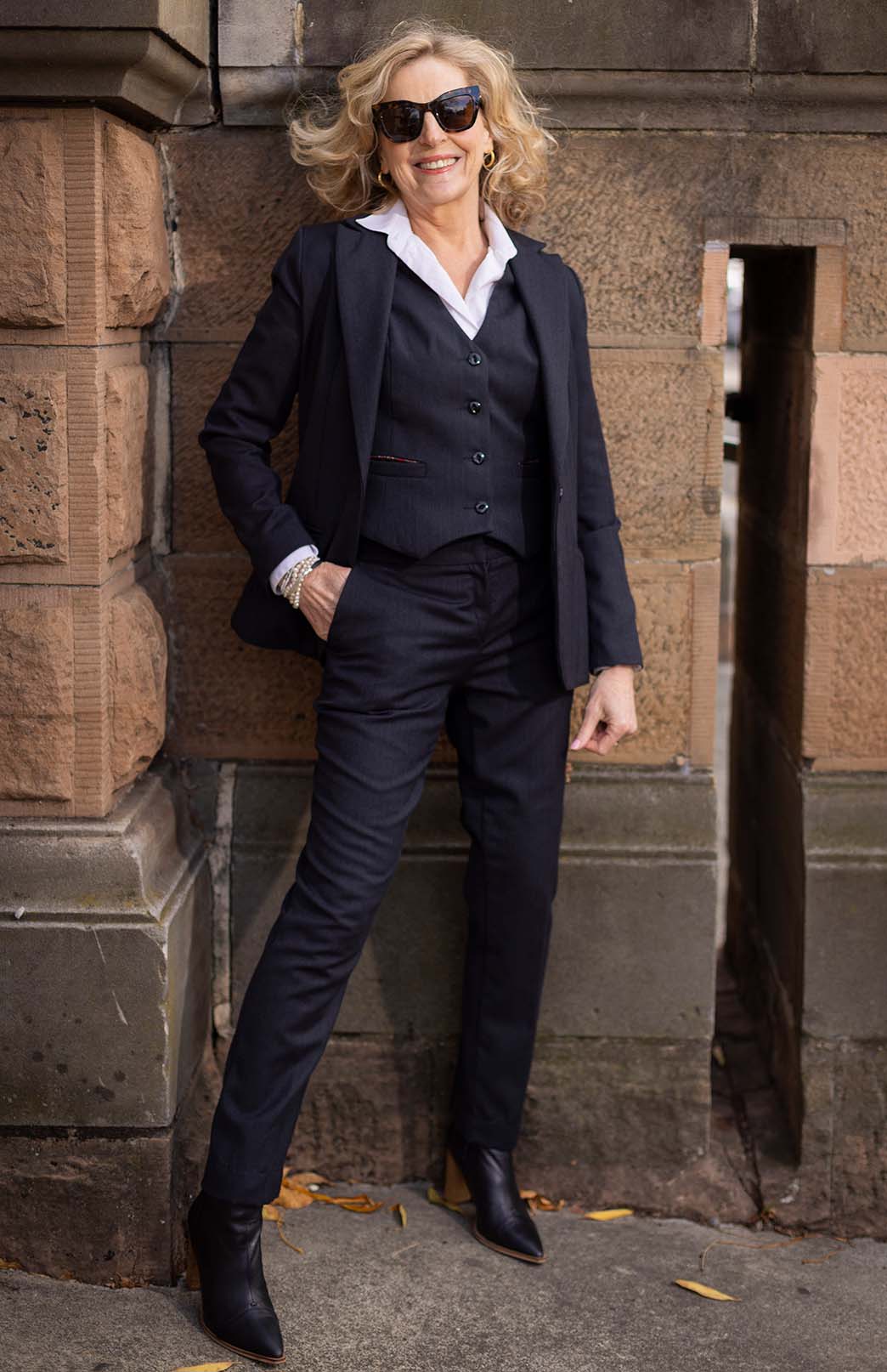 Obsidian Grey Herringbone Women's Superfine Merino Wool Herringbone Blazer Jacket with Silk Lining