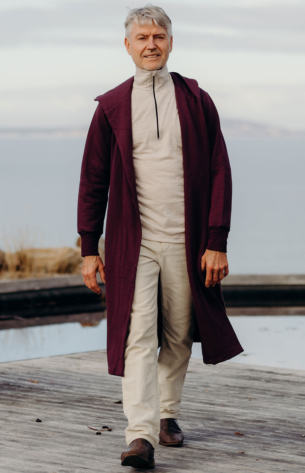 Aubergine Purple Men's Merino Wool Long Fleece Coat with Hood