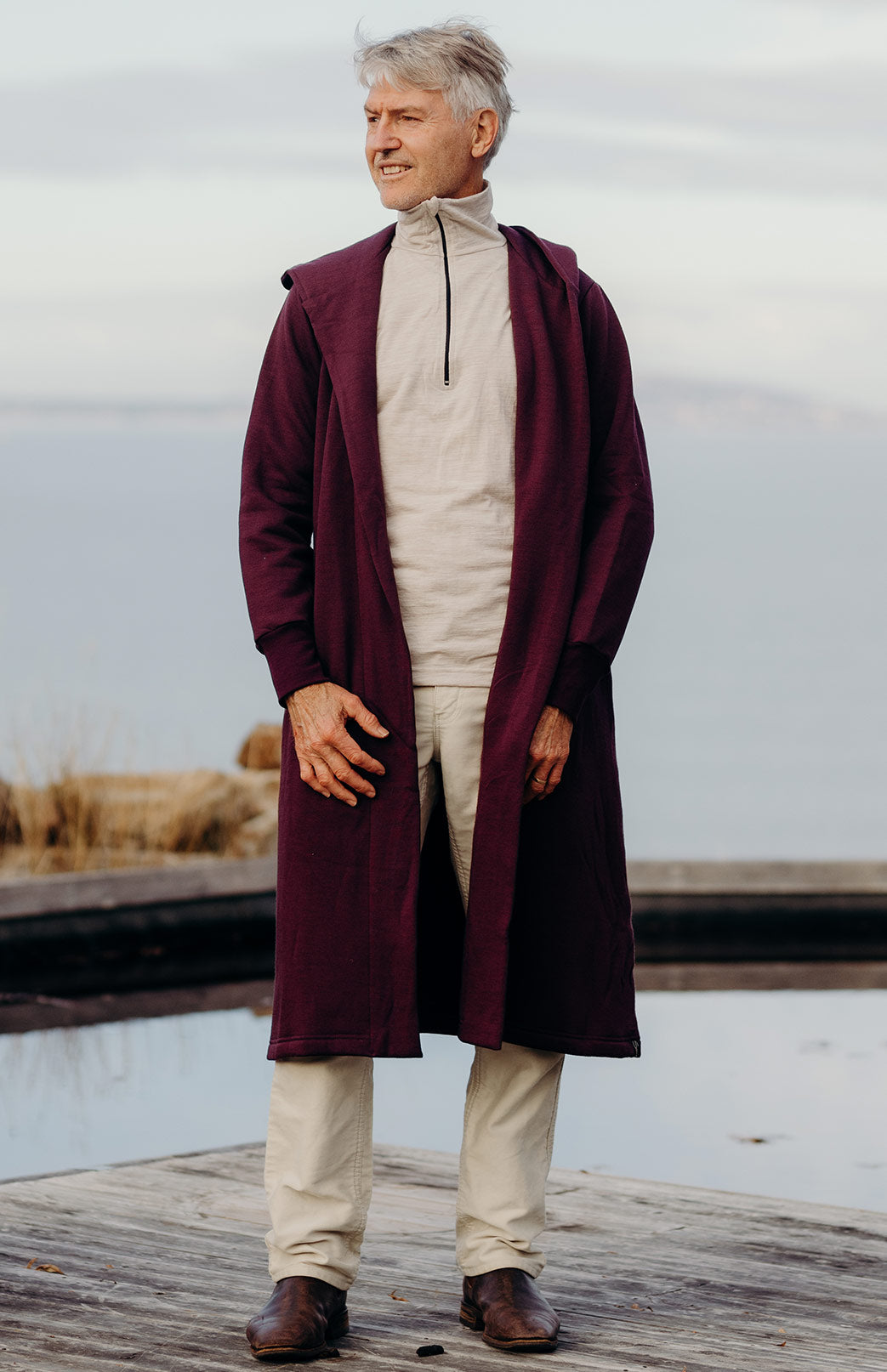 Aubergine Purple Men's Merino Wool Long Fleece Coat with Hood