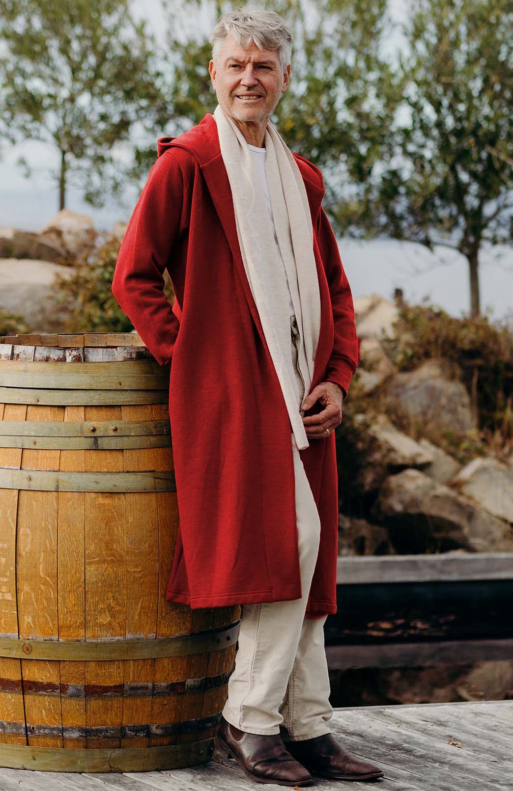 Oatmeal Men's Merino Wool Long Fleece Coat with Hood