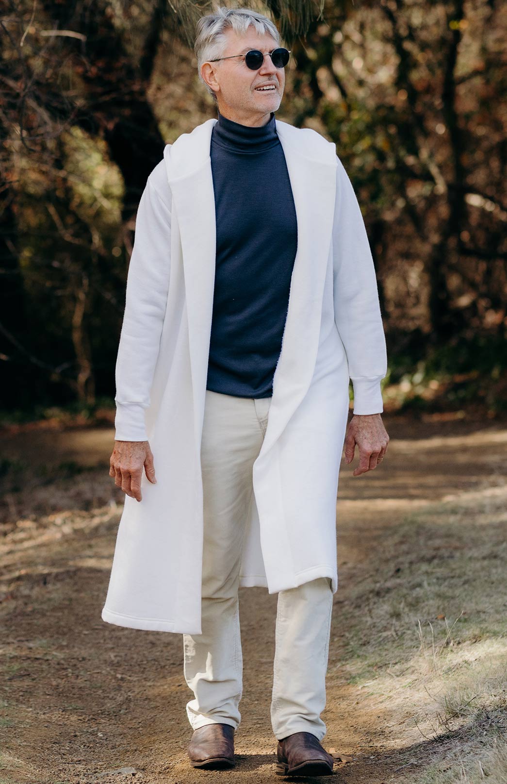 Ivory Men's Merino Wool Long Fleece Coat with Hood