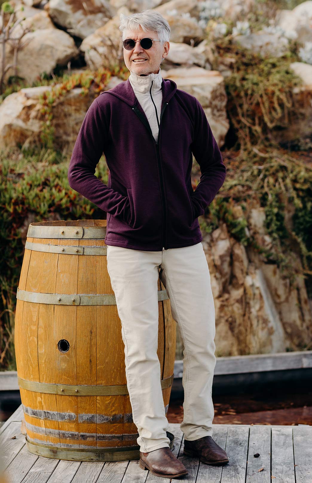 Aubergine Purple Men's Merino Wool Fleece Jacket with Hood