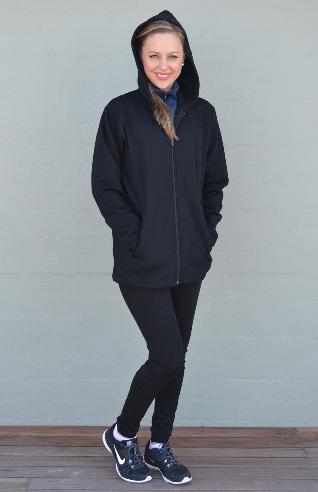 Black Women's Merino Wool Fleece Jacket with Hood