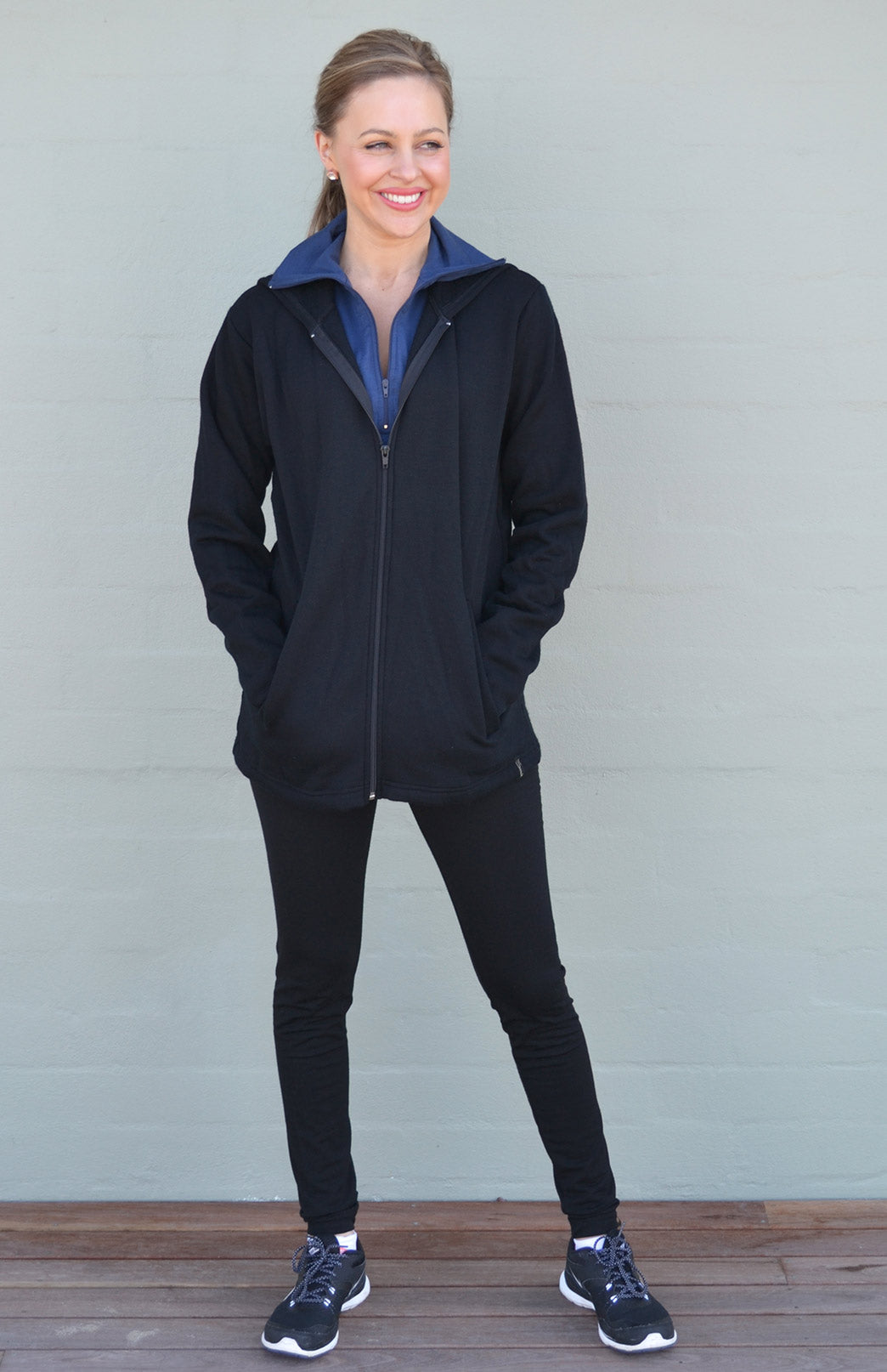 Black Women's Merino Wool Fleece Jacket with Hood