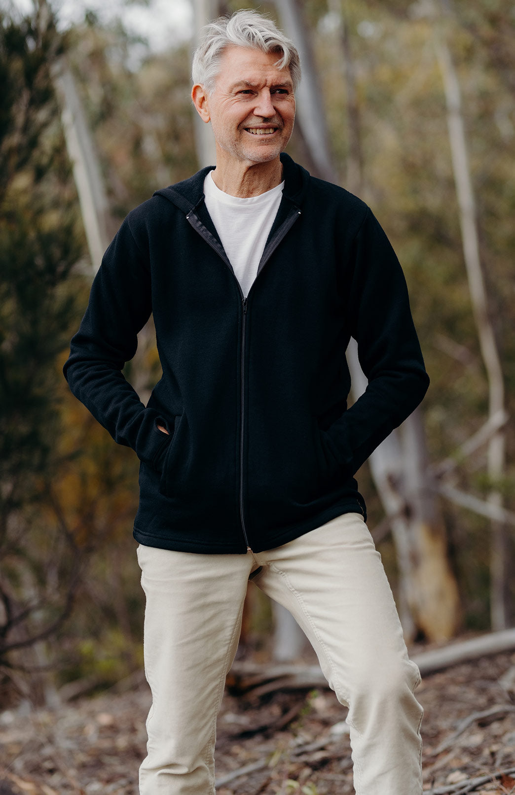 Black Men's Merino Wool Fleece Jacket with Hood