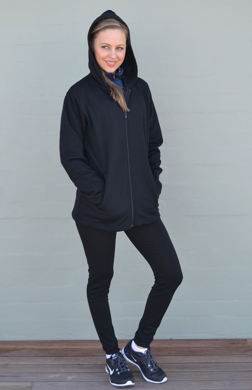 Black Women's Merino Wool Fleece Jacket with Hood