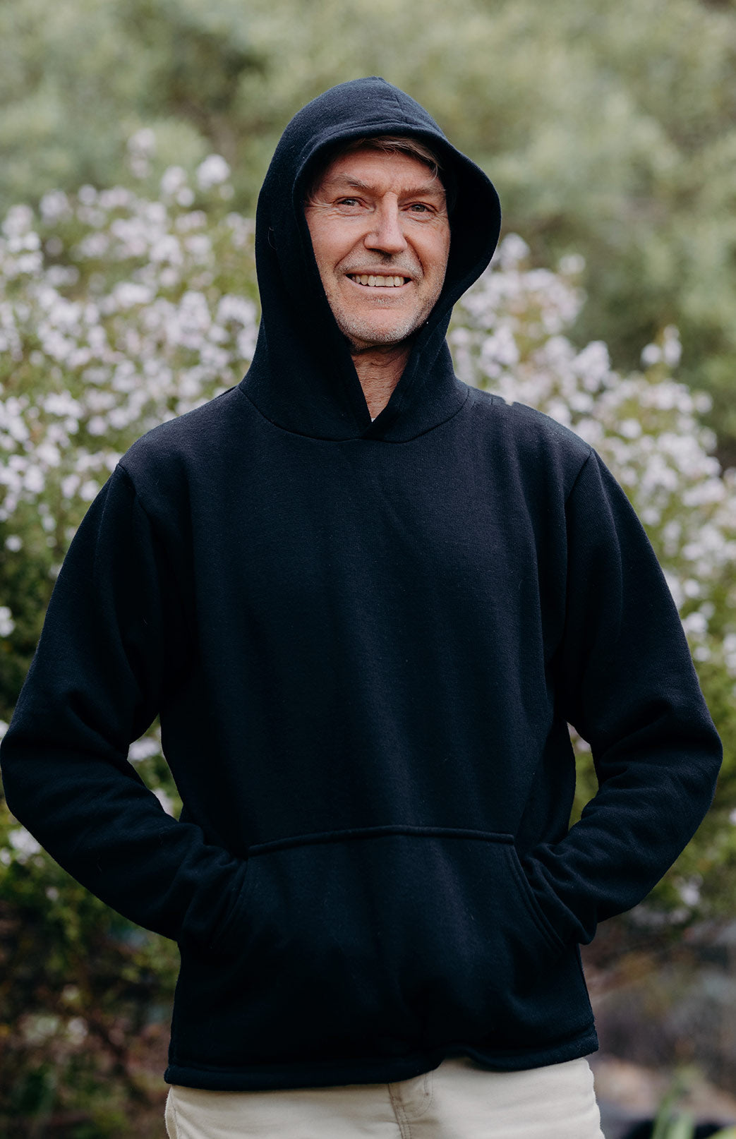 Black Men's Merino Wool Fleece Hoody with Front Pocket
