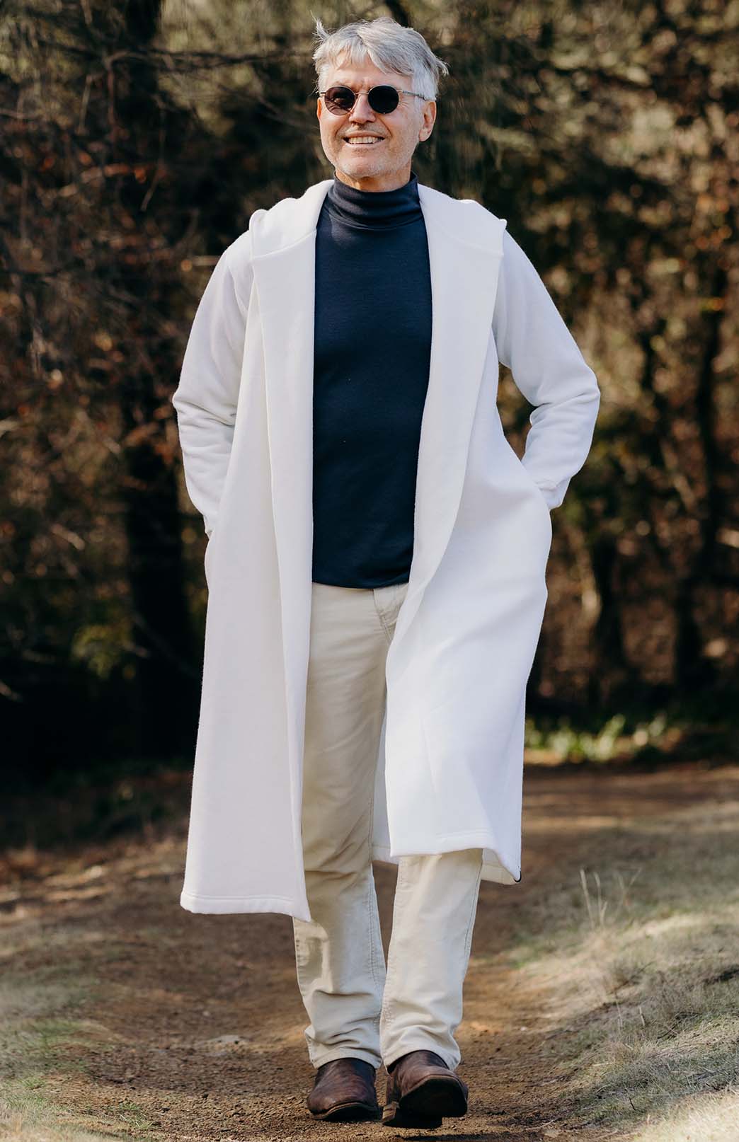 Ivory Men's Merino Wool Long Fleece Coat with Hood