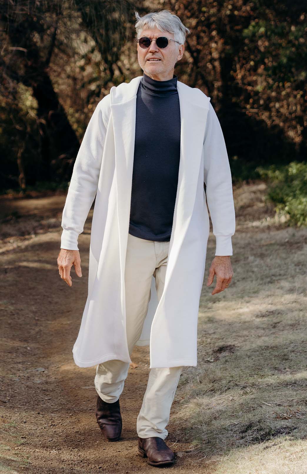 Ivory Men's Merino Wool Long Fleece Coat with Hood