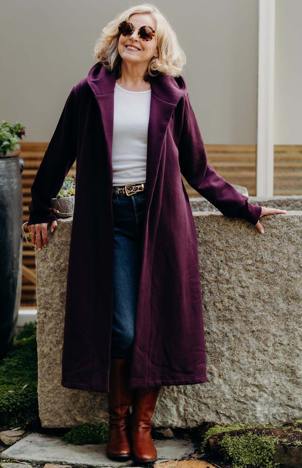 Aubergine Purple hooded wool fleece coat Women's Merino Wool Fleece Winter Coat 