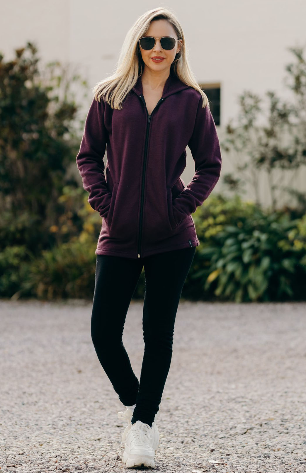 Aubergine Purple Women's Merino Wool Fleece Jacket with Hood