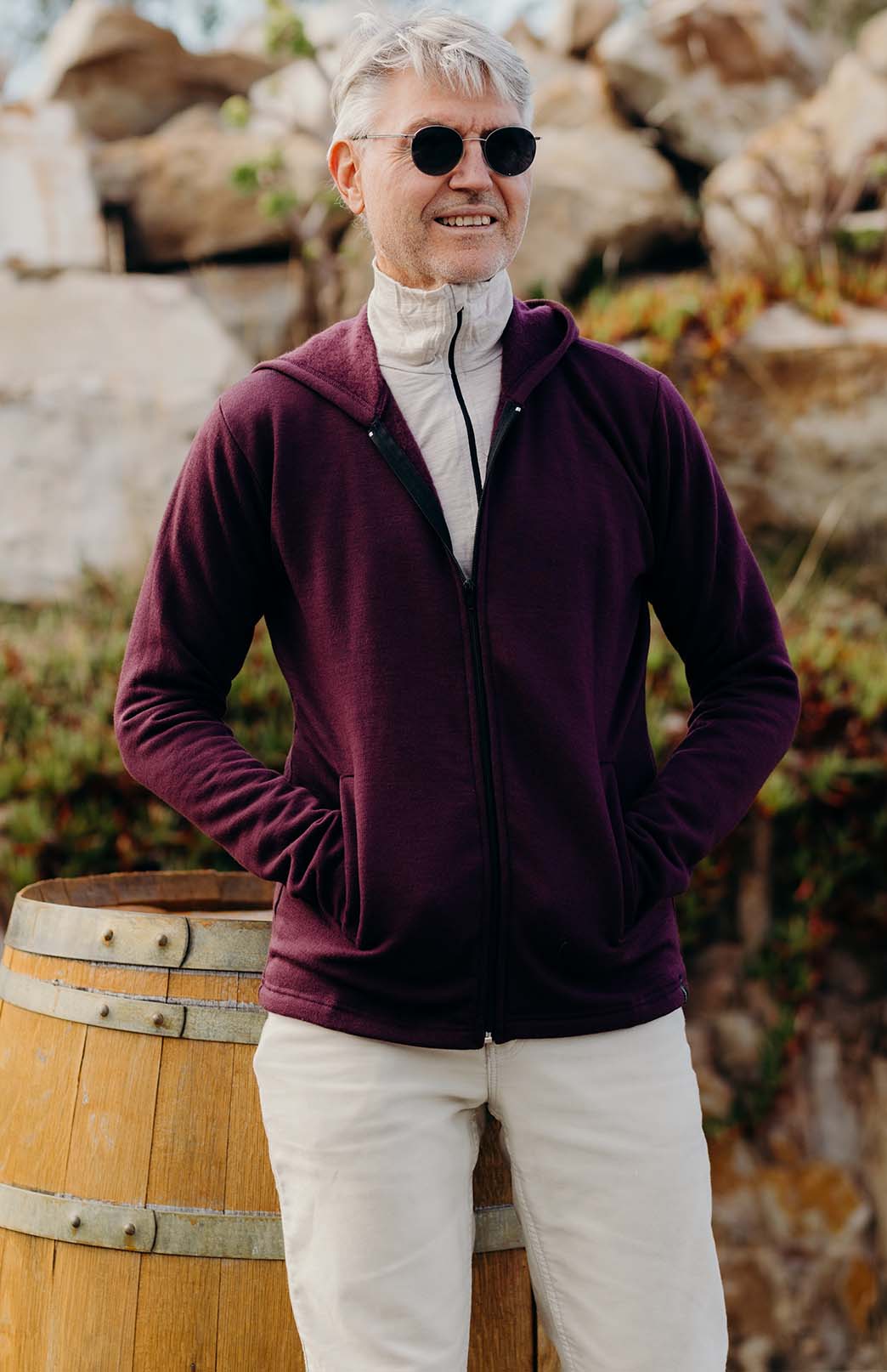 Aubergine Purple Men's Merino Wool Fleece Jacket with Hood