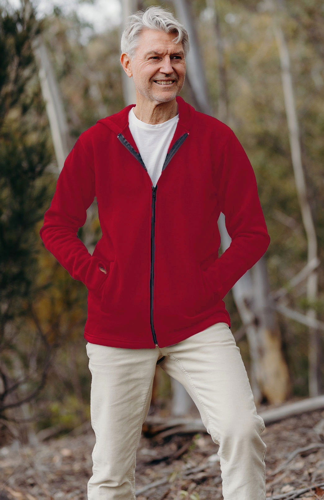 Chilli Red Men's Merino Wool Fleece Jacket with Hood