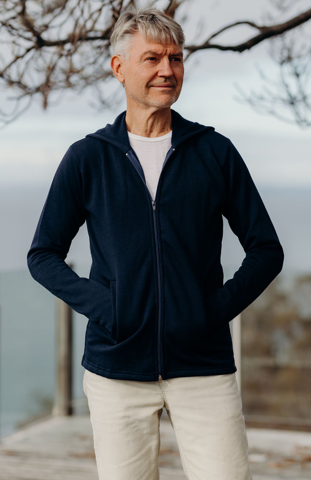 Navy Blue Men&#39;s Merino Wool Fleece Jacket with Hood
