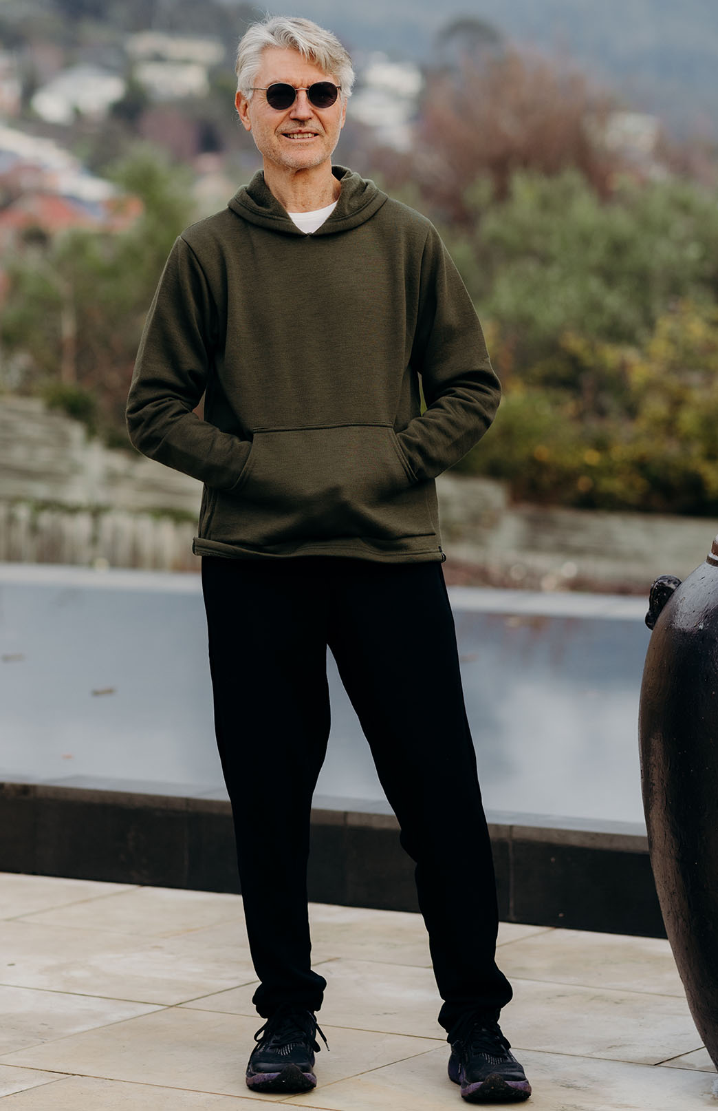 Olive Green Men's Merino Wool Fleece Hoody with Front Pocket