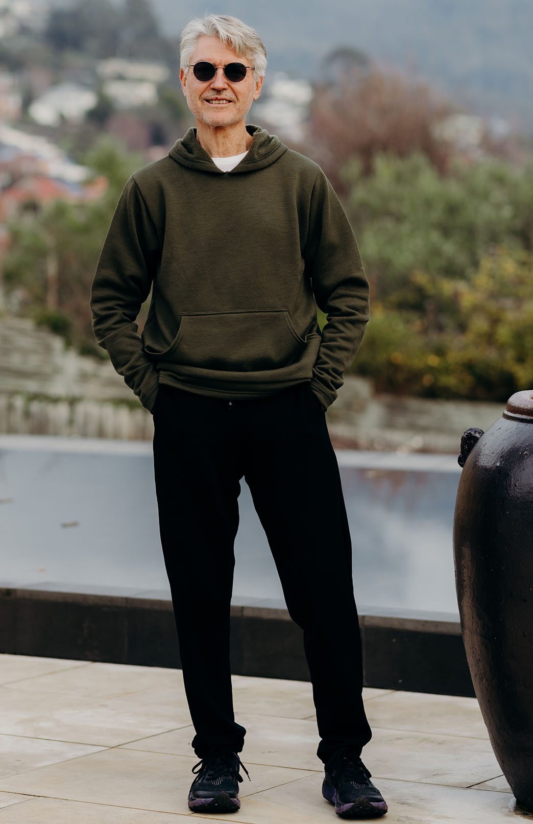 Olive Green Men's Merino Wool Fleece Hoody with Front Pocket