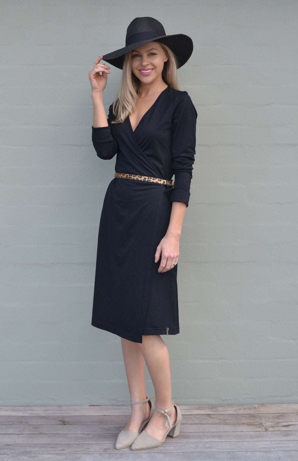 Black Women's Merino Wool Long Sleeve Wrap Dress