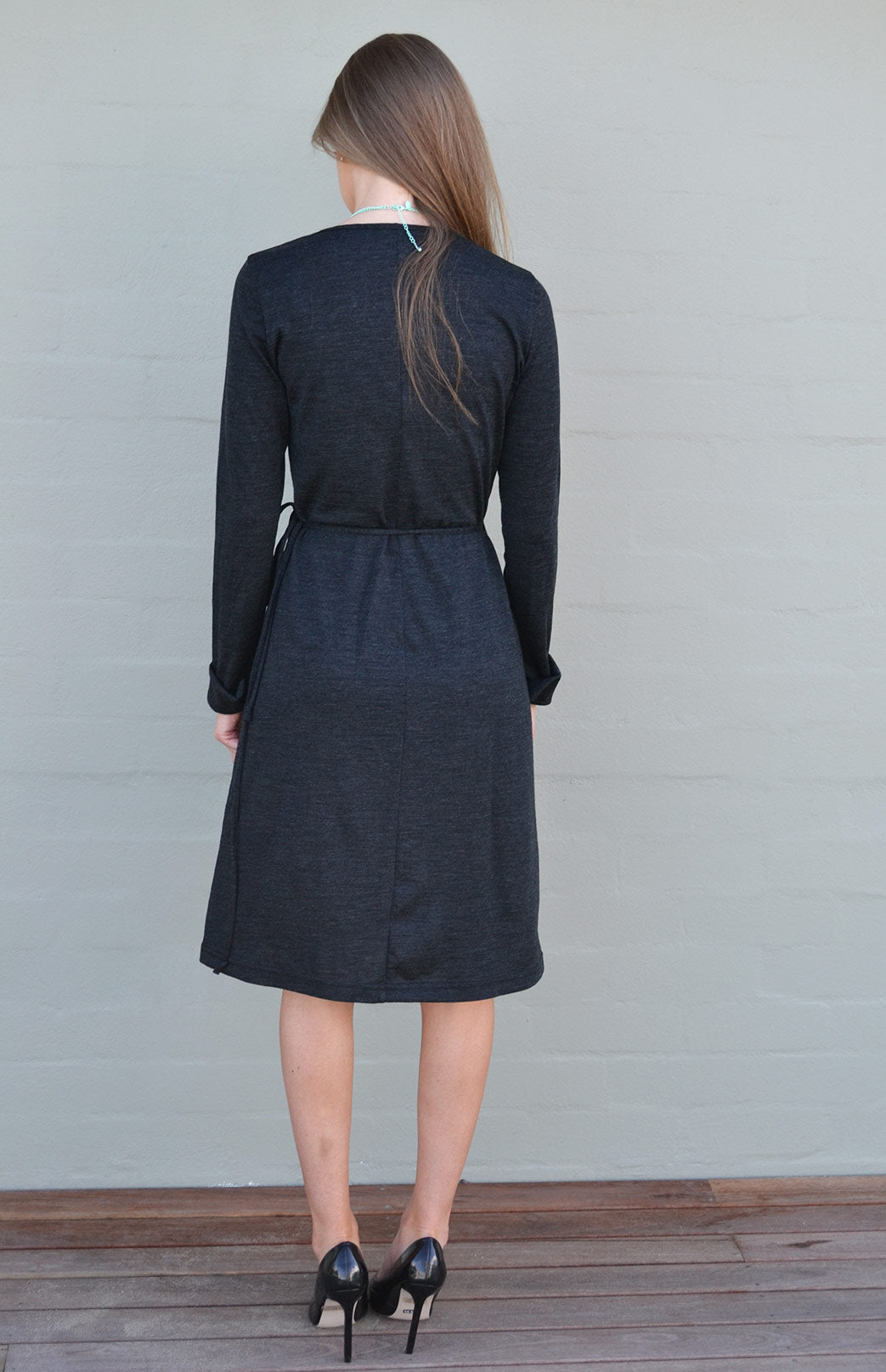 Charcoal Marl Women&#39;s Merino Wool Long Sleeve Wrap Dress
