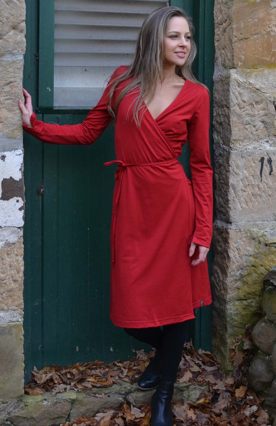 Chilli Red Women's Merino Wool Long Sleeve Wrap Dress
