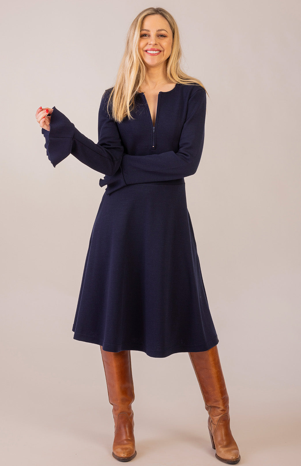 French Navy Blue Women's Merino Wool Zip Neck A-Line Dress with Long Sleeves