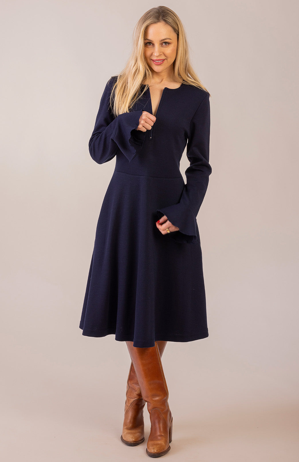 French Navy Blue Women's Merino Wool Zip Neck A-Line Dress with Long Sleeves