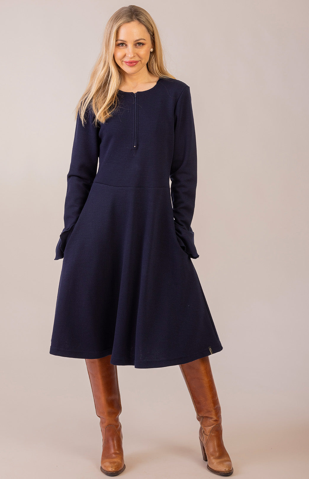 French Navy Blue Women's Merino Wool Zip Neck A-Line Dress with Long Sleeves