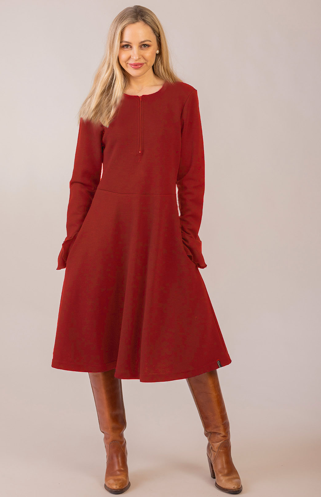 Chilli Red Women's Merino Wool Zip Neck A-Line Dress with Long Sleeves
