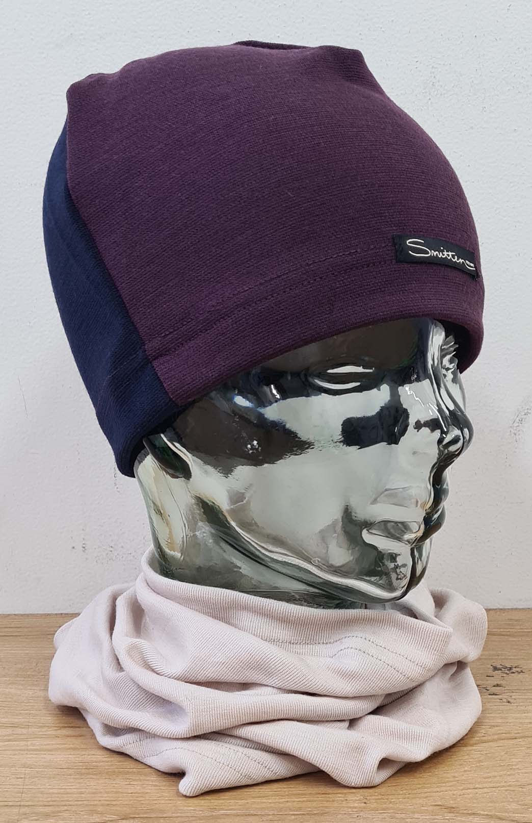 Aubergine Purple & Navy Blue Unisex Merino Wool Thermal (360g) Beanie