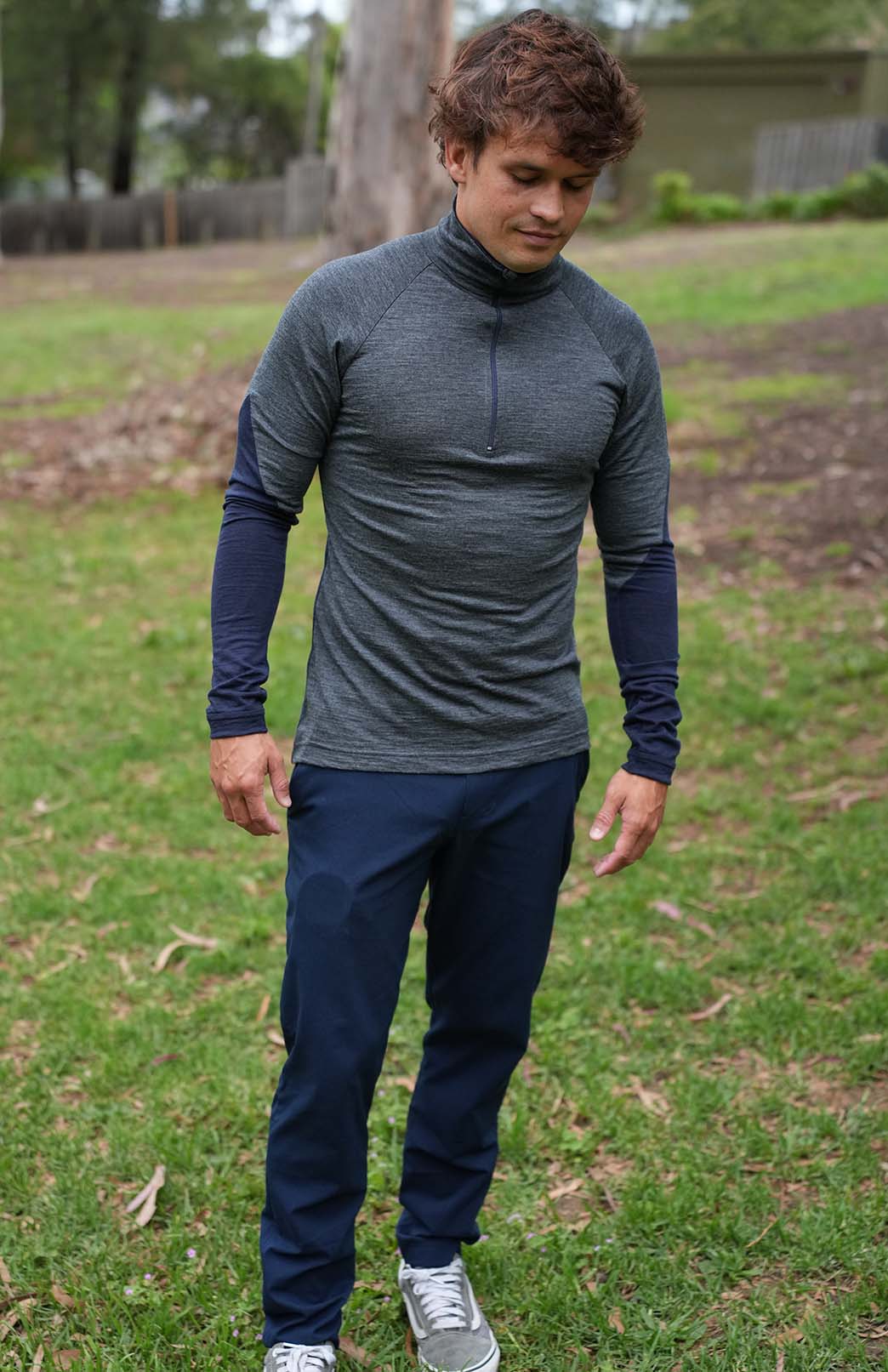 Charcoal Marl & Navy Blue Men's Merino Wool Zip Neck Top