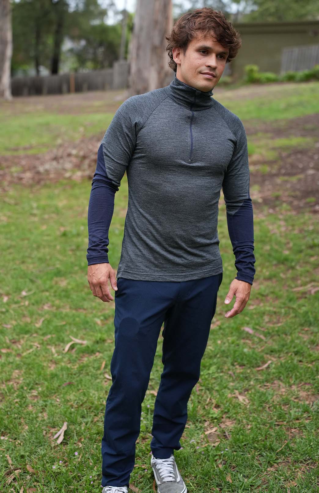Charcoal Marl & Navy Blue Men's Merino Wool Zip Neck Top
