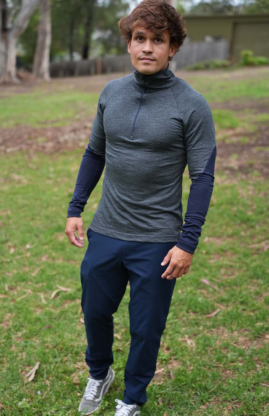 Charcoal Marl & Navy Blue Men's Merino Wool Zip Neck Top