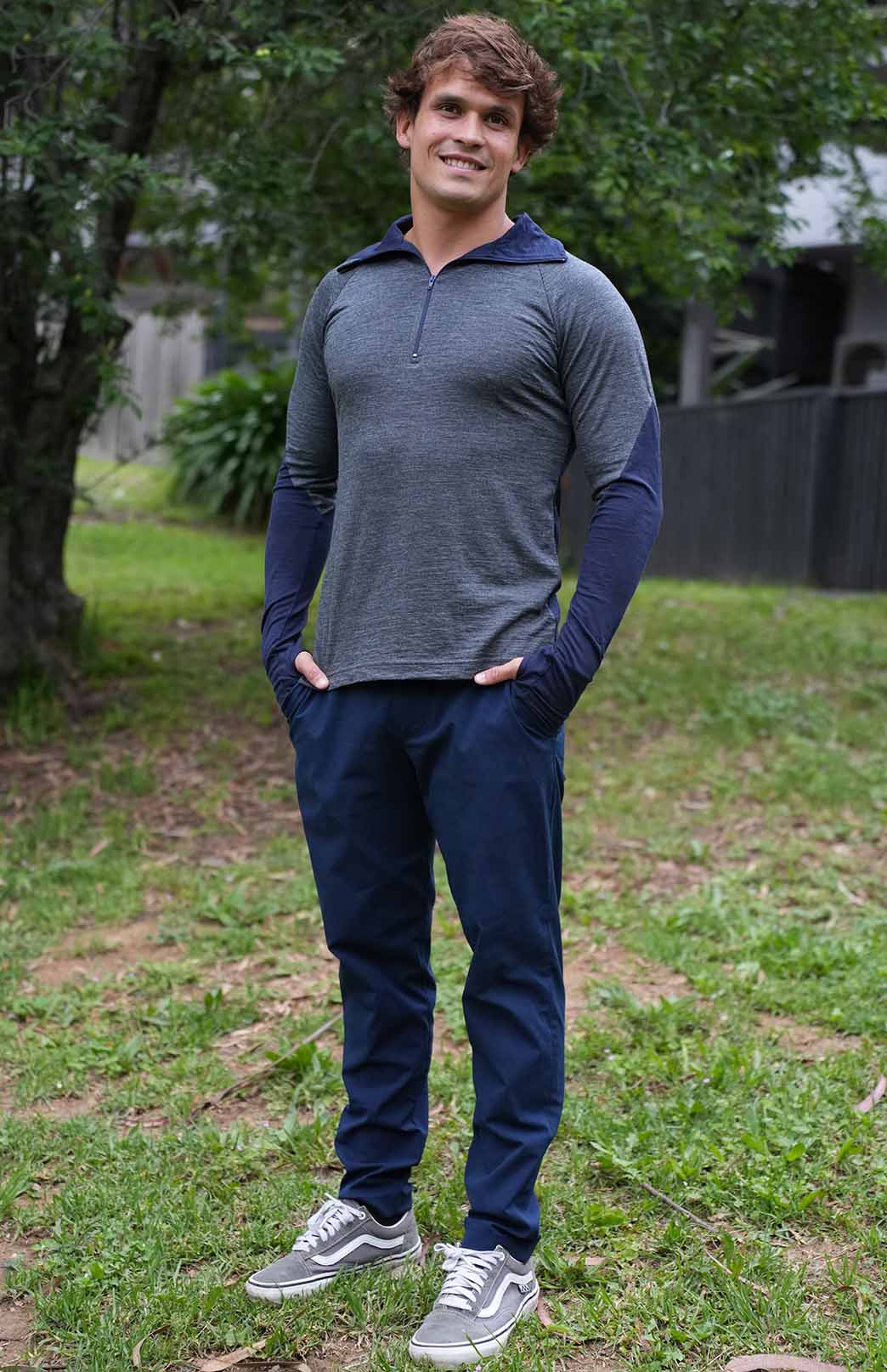 Charcoal Marl & Navy Blue Men's Merino Wool Zip Neck Top