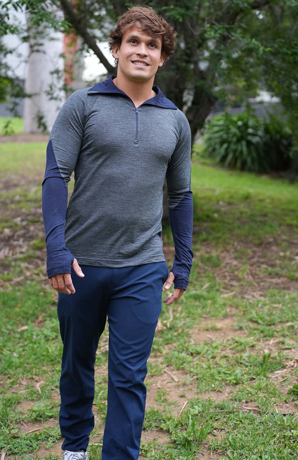 Charcoal Marl & Navy Blue Men's Merino Wool Zip Neck Top
